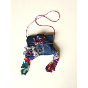 Vintage Y2K Handmade Denim Purse | Upcycled Floral Scrap DIY Patch Bag | Small